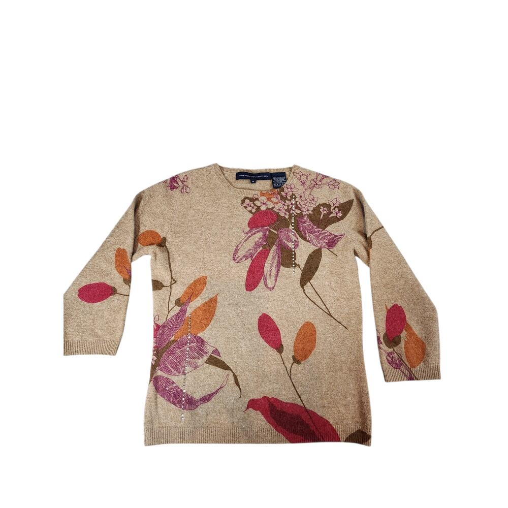 French Connection Medium tan sweater lambswool‎ rabbit hair rhinestone floral